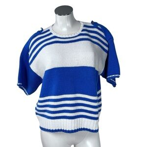 VINTAGE CHAUS Blue White Short Sleeve Sweater Knit Top Women's Size L